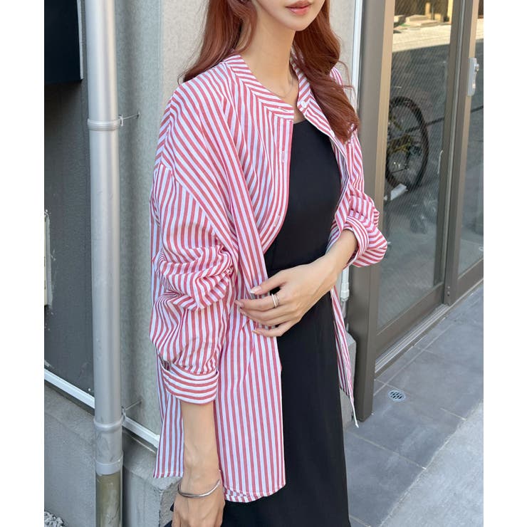 スッキリとした印象与える使いやすいアイテム♪》ノーカラーストライプ