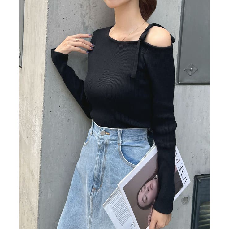 オトナリボンかわいい。ショルダーリボンリブニットトップス | futier land | 詳細画像17 