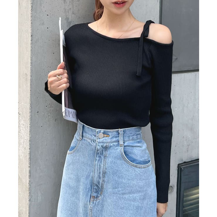 オトナリボンかわいい。ショルダーリボンリブニットトップス | futier land | 詳細画像18 