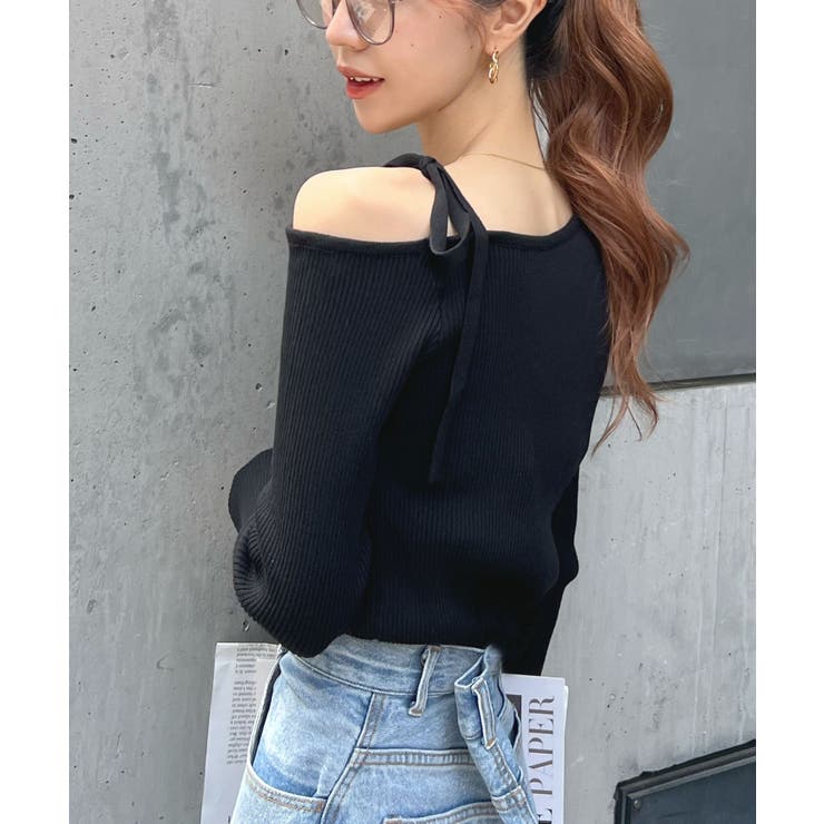 オトナリボンかわいい。ショルダーリボンリブニットトップス | futier land | 詳細画像19 