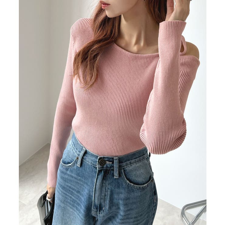 オトナリボンかわいい。ショルダーリボンリブニットトップス | futier land | 詳細画像28 