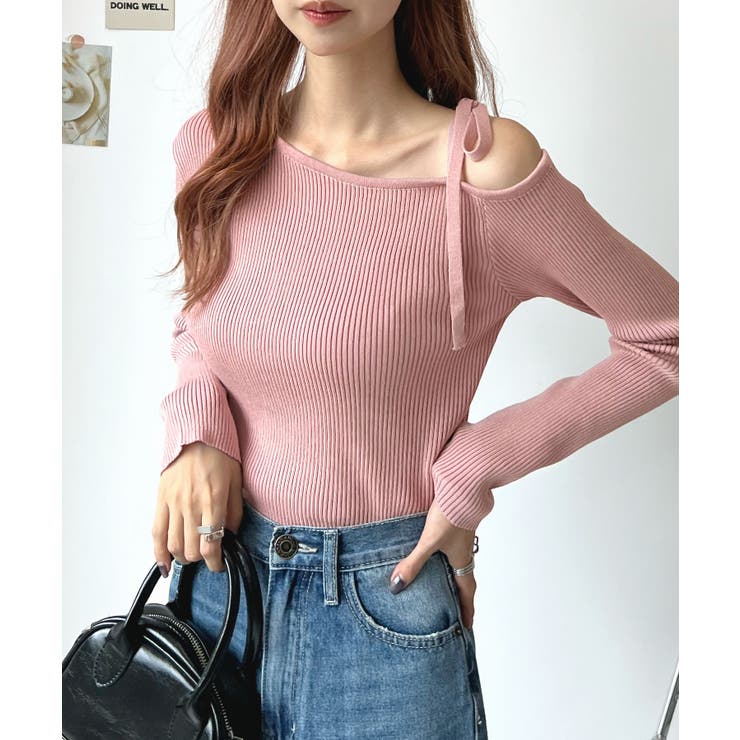 オトナリボンかわいい。ショルダーリボンリブニットトップス | futier land | 詳細画像30 