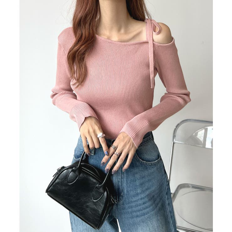 オトナリボンかわいい。ショルダーリボンリブニットトップス | futier land | 詳細画像31 