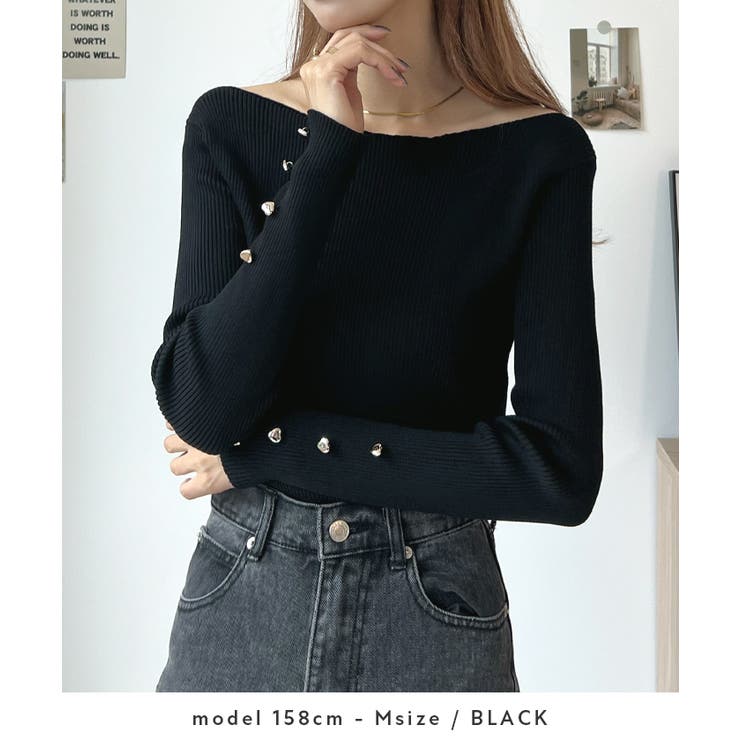 華奢映えワンポイント。袖ハートリブニットボートネックトップス | futier land | 詳細画像3 