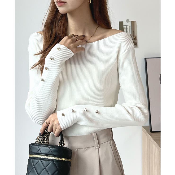 華奢映えワンポイント。袖ハートリブニットボートネックトップス | futier land | 詳細画像8 