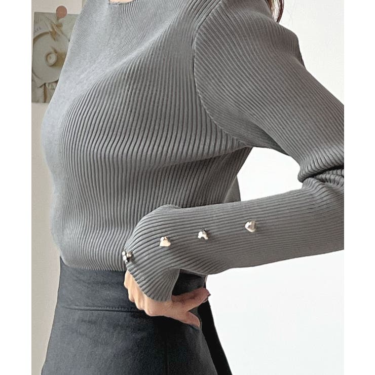 華奢映えワンポイント。袖ハートリブニットボートネックトップス | futier land | 詳細画像14 