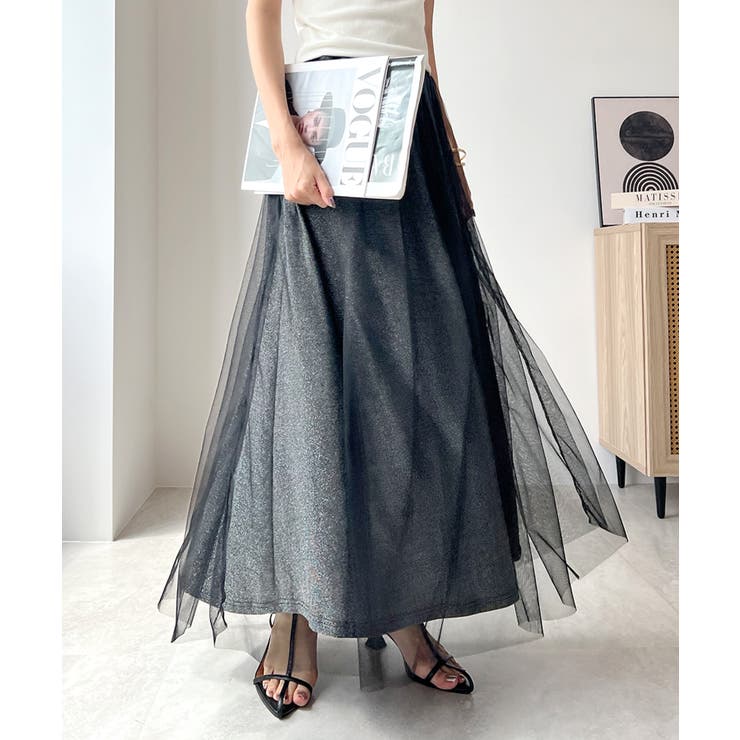 歩くとふわっとなびく。ラメ×チュールロングスカート[品番