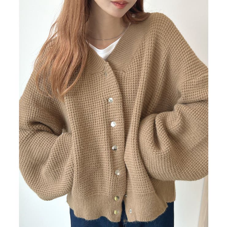 ぽわん袖がカワイイ！ワッフル編み風ニットカーディガン／ブルゾン  