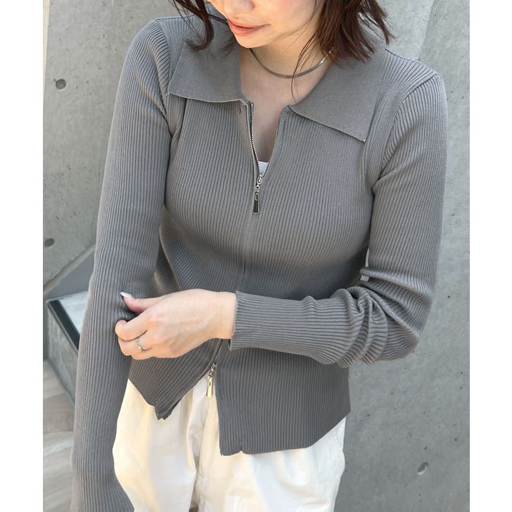 グレー | キレイめモードのムード。衿付きダブルジップリブトップス | futier land