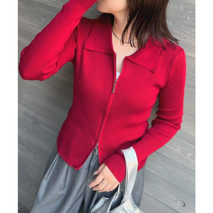 レッド | キレイめモードのムード。衿付きダブルジップリブトップス | futier land