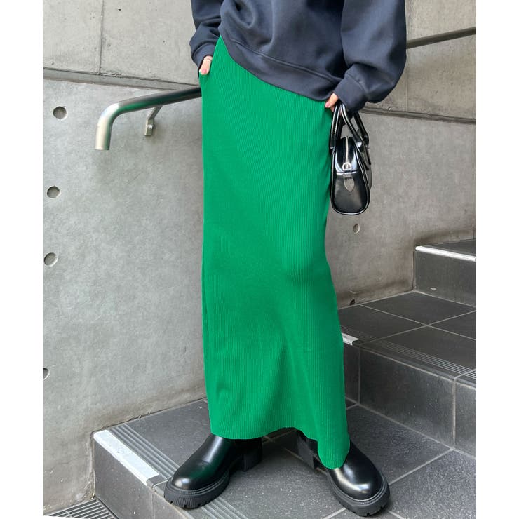 グリーン | 便利なポケット付き！リブロングタイトスカート | futier land