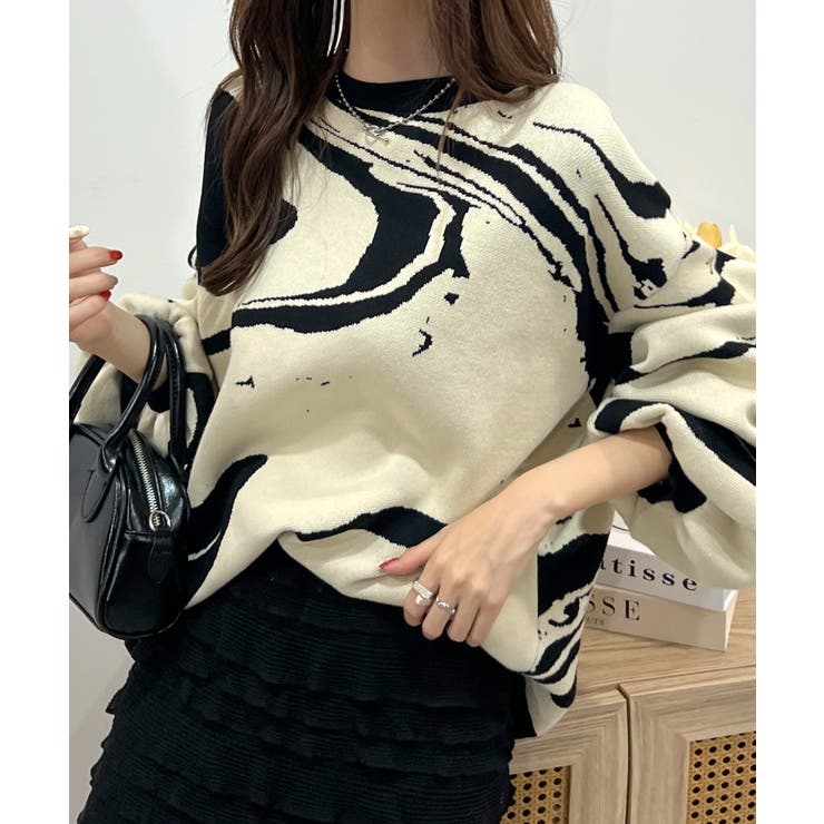 アイボリー２ | １枚で決まるワンランクアップコーデ◎ マーブル柄ボンディングニットプルオーバー | futier land