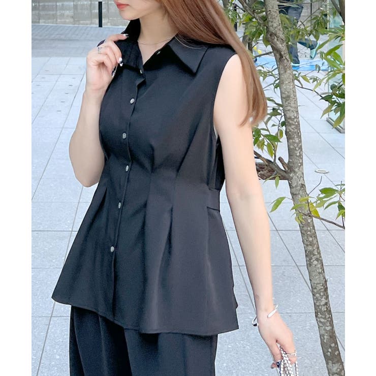 ブラック | 涼しげシーズンムード満点◎ウエストタックシフォンノースリーブシャツ | futier land