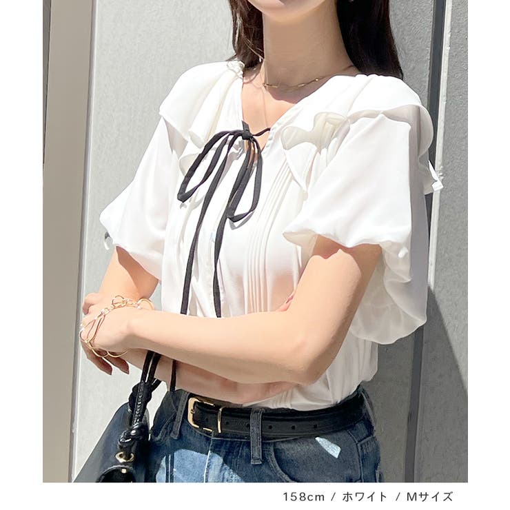 気になる二の腕を可愛くカバー。パワショル配色リボンブラウス | futier land | 詳細画像7 