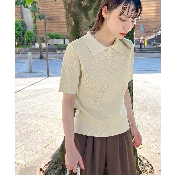 レトロな襟付きデザイン。サマーポロニット[品番：FI000008993