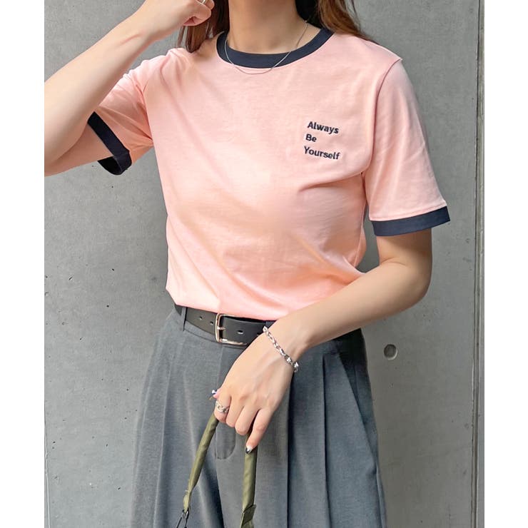 ピンク | 《ABYSアビス》配色が可愛い！コンパクトなワンポイント刺繍リンガーTシャツ | futier land