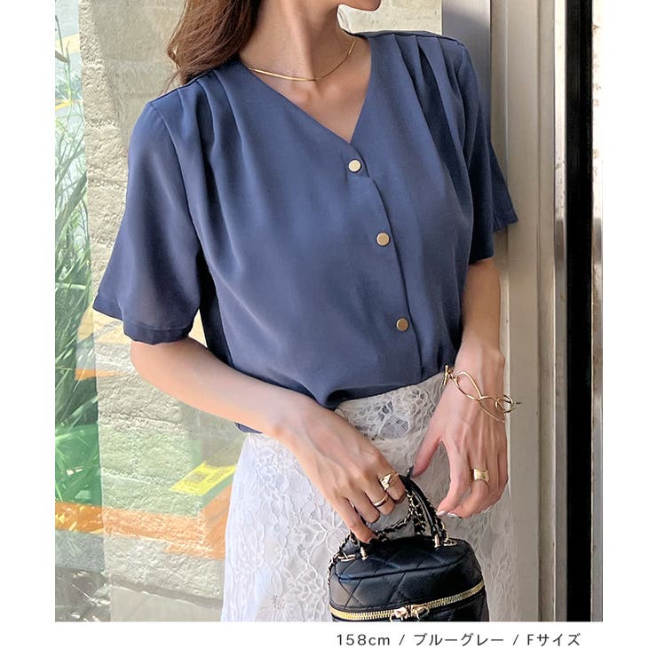 金ボタンで上品見える。ショルダータックVネック半袖ブラウス | futier land | 詳細画像8 