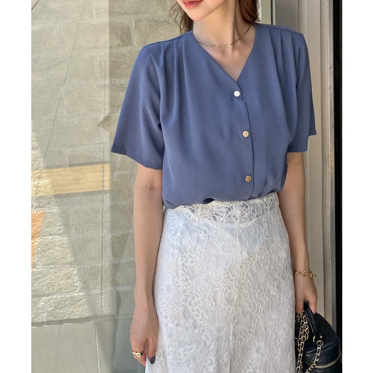 金ボタンで上品見える。ショルダータックVネック半袖ブラウス | futier land | 詳細画像22 