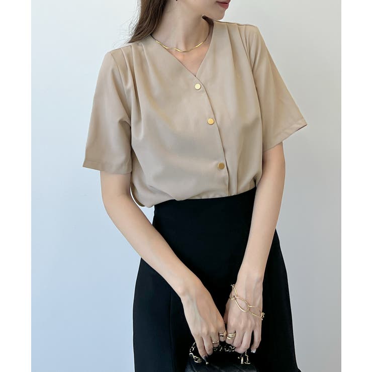 金ボタンで上品見える。ショルダータックVネック半袖ブラウス | futier land | 詳細画像19 