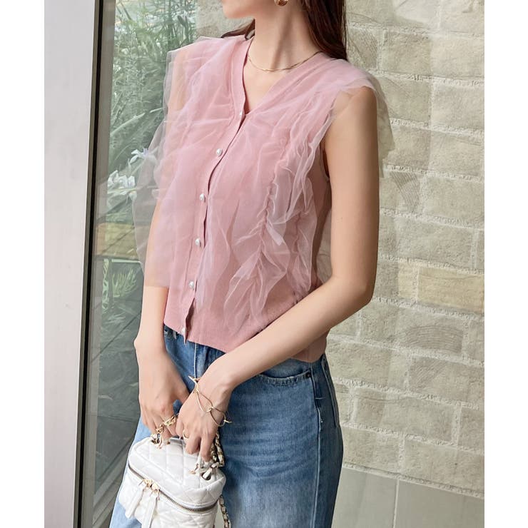 ピンク | サマーニットで快適に。パールボタンチュールトップス | futier land