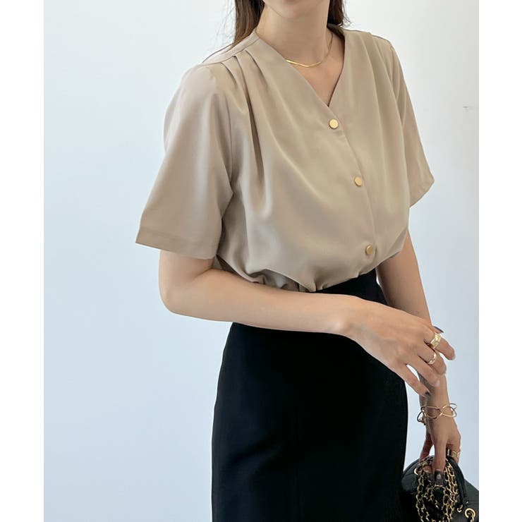 金ボタンで上品見える。ショルダータックVネック半袖ブラウス | futier land | 詳細画像18 