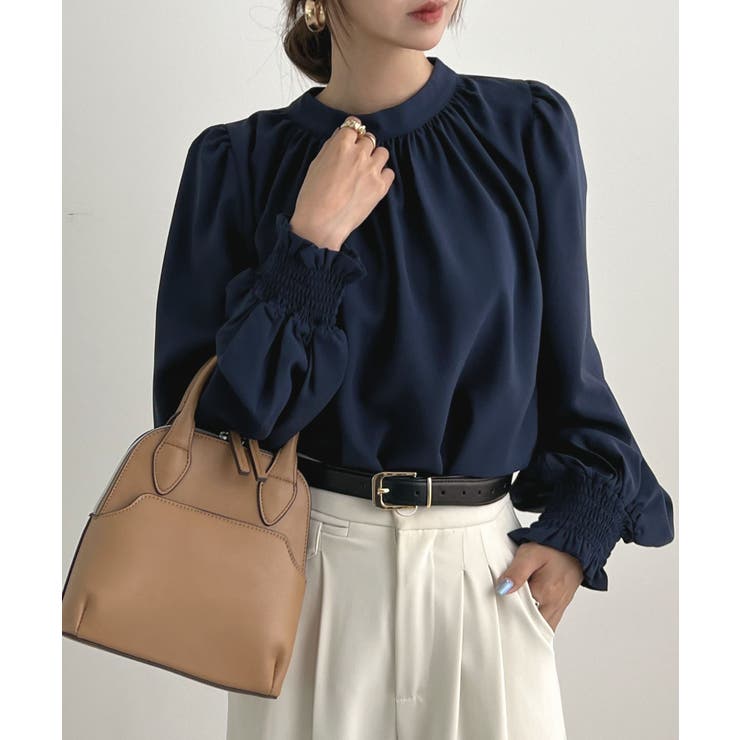 ネイビー | 大人ブラウスの抜け感。ハイネックバルーンスリーブブラウス | futier land