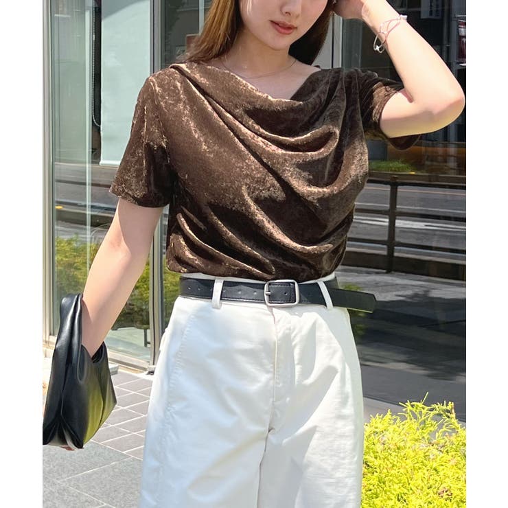 ブラウン | 光沢シアーで大人の色気。ドレープシアーベロア半袖Tシャツ | futier land
