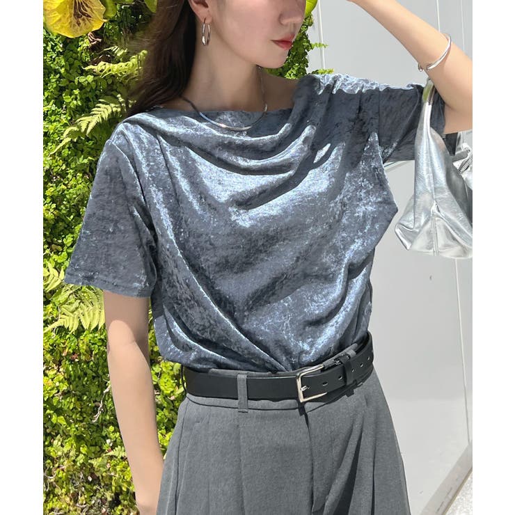ブルー | 光沢シアーで大人の色気。ドレープシアーベロア半袖Tシャツ | futier land