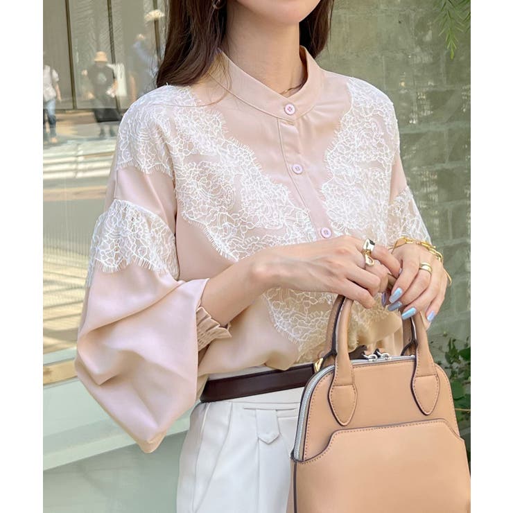 ピンクベージュ | レースが上品で高見え。レースドッキングブラウス | futier land