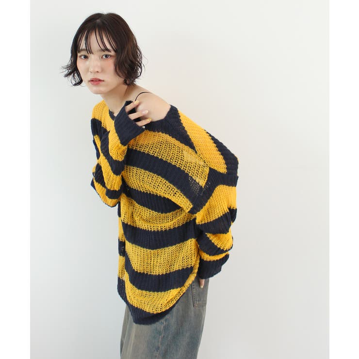 ネイビー | 《ABYSアビス》こだわりある配色！透かし編みボーダーシアーニット | futier land