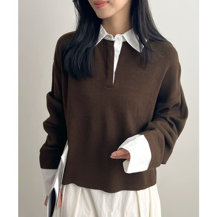 ブラウン | 重ね着いらずで旬顔に。シャツ襟付きポロニット | futier land