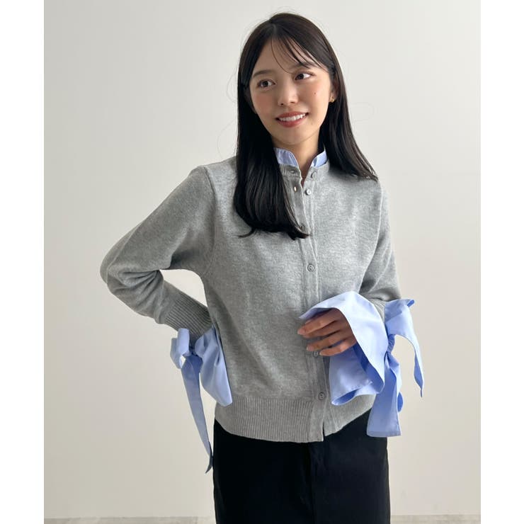 グレー | 甘さと上品さの両立。ウールライクリボンシャツカーディガン | futier land