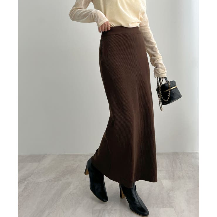 ブラウン | 便利なポケット付き！リブロングタイトスカート | futier land