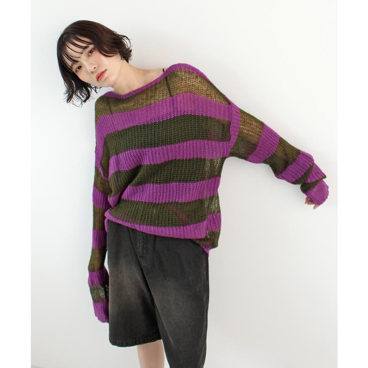 パープル | 《ABYSアビス》こだわりある配色！透かし編みボーダーシアーニット | futier land