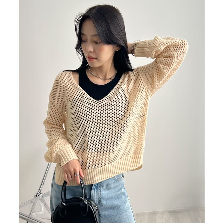 アイボリー | ゆるっと可愛い。透かし編みニットプルオーバー | futier land