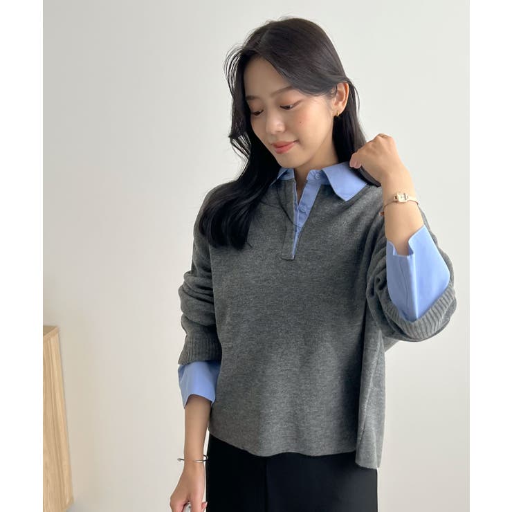 重ね着いらずで旬顔に。シャツ襟付きポロニット[品番