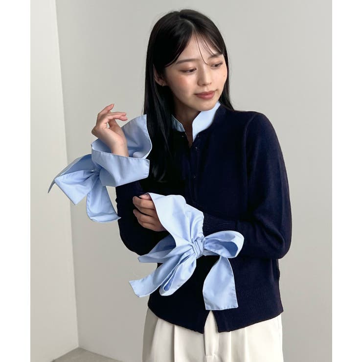 ネイビー | 甘さと上品さの両立。ウールライクリボンシャツカーディガン | futier land