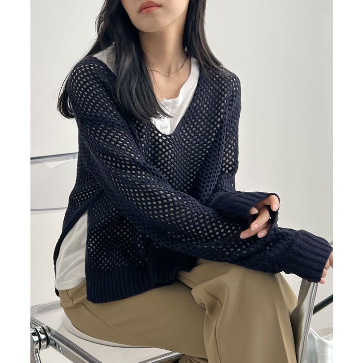 ネイビー | ゆるっと可愛い。透かし編みニットプルオーバー | futier land