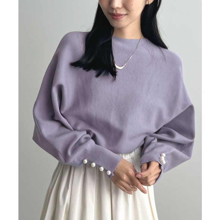 ブルーグレー | 上品な大人のキレイめスタイル。袖口パールドルマンニット | futier land