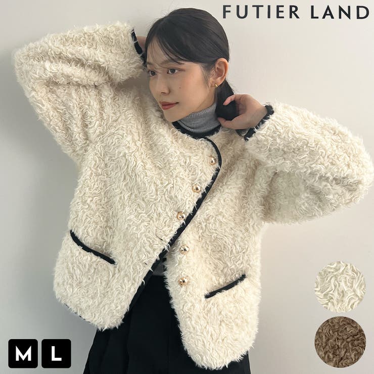 ふんわり大人かわいい。配色パイピングノーカラーボアコート | futier land | 詳細画像1 