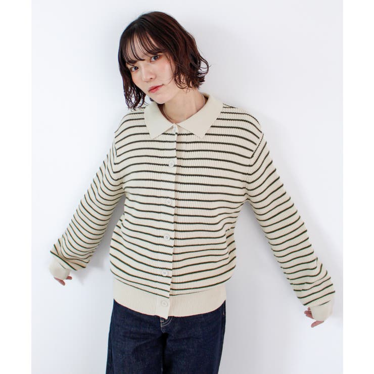 アイボリー | 《ABYS》トレンド感ある配色。襟付きボーダーニット | futier land