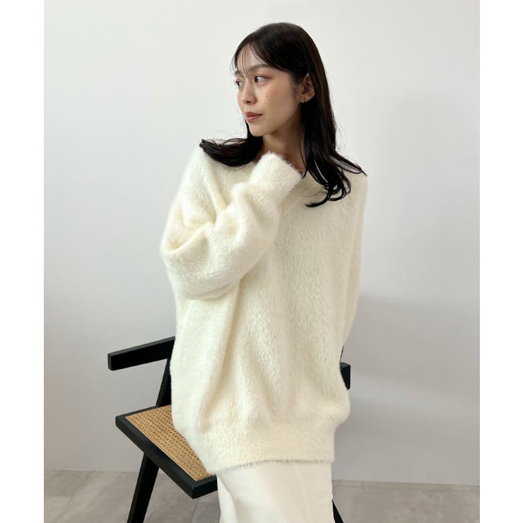 アイボリー | フワフワ抜け感あるVネック。モヘアタッチ裾リブシャギーニット | futier land