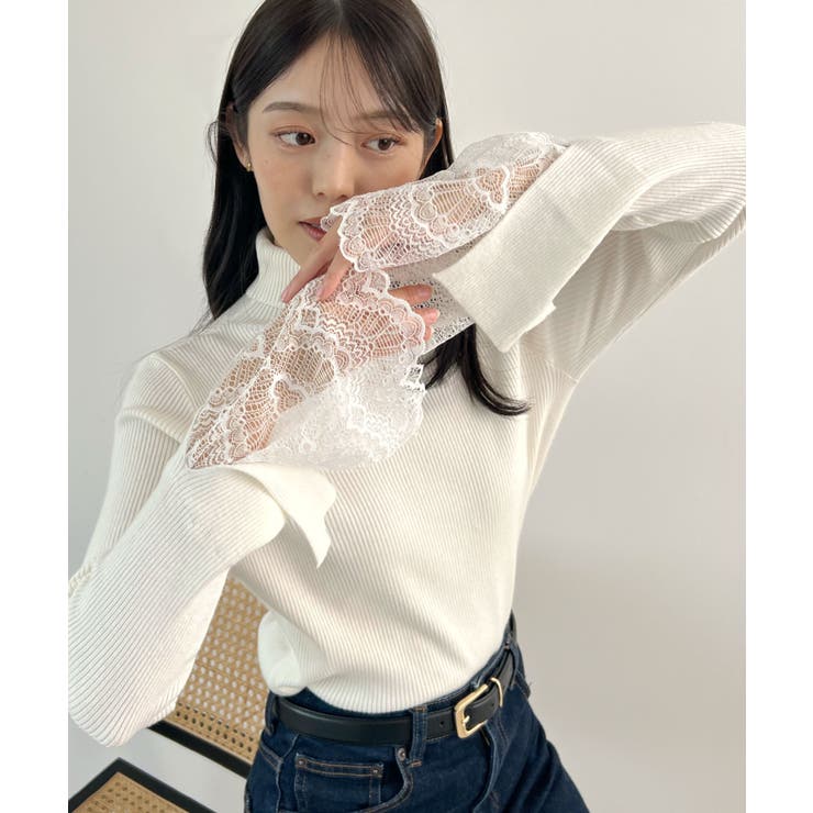 アイボリー | ふとした仕草まで美しく。袖レースリブKNIT | futier land