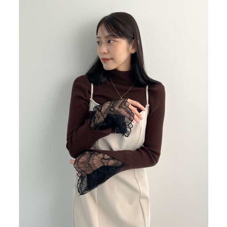 ダークブラウン | ふとした仕草まで美しく。袖レースリブKNIT | futier land