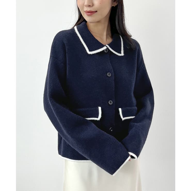 ネイビー | 大人上品な配色。襟付きニットアウター | futier land