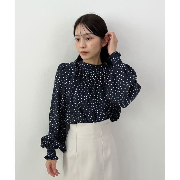 ネイビー | 裏起毛あたたかい。ハイネックバルーンスリーブブラウス | futier land