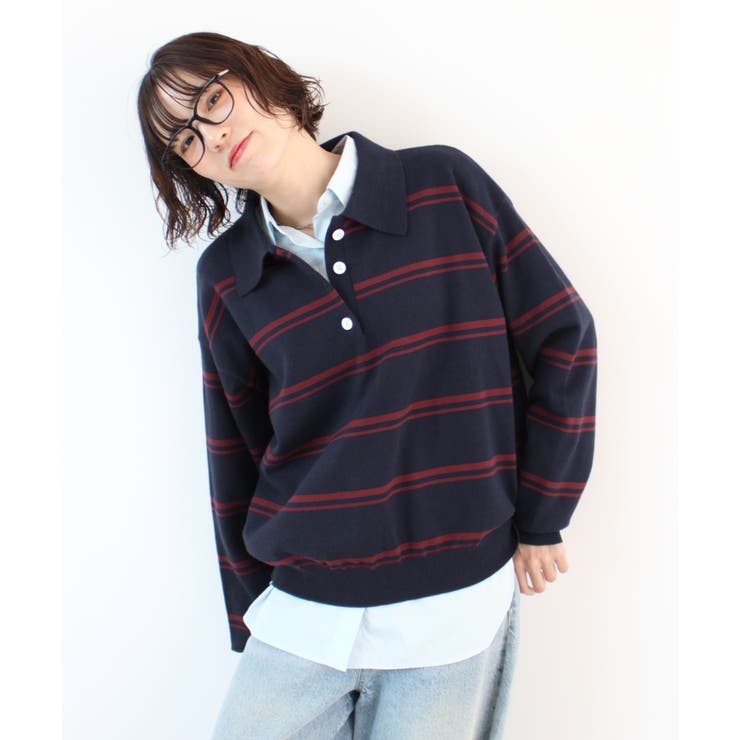 ネイビー | 《ABYS》こなれボーダーでラフにきめる。襟付きボーダーポロニットトップス | futier land