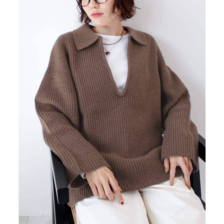 ブラウン | 《ABYS》アルパカタッチ襟付きキーネックプルオーバー | futier land