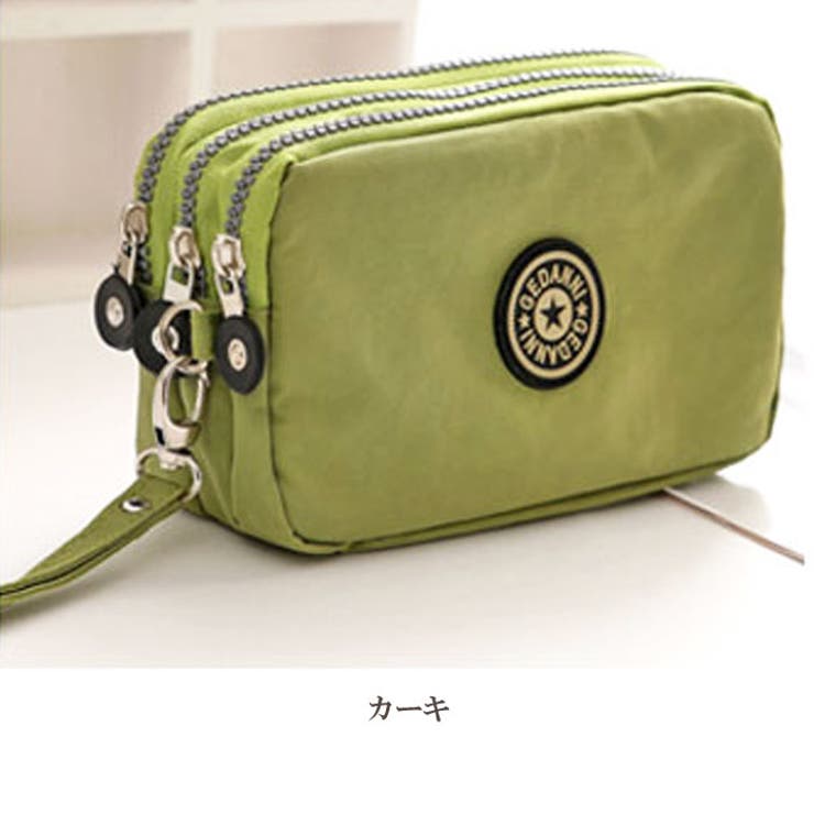 カーキ | ナイロンポーチ 3ファスナー 小物入れ | Gain-Mart