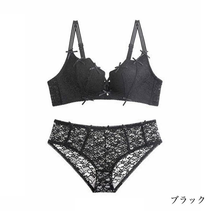 ブラック | リボンノンワイヤー ブラショーツ セット | Gain-Mart